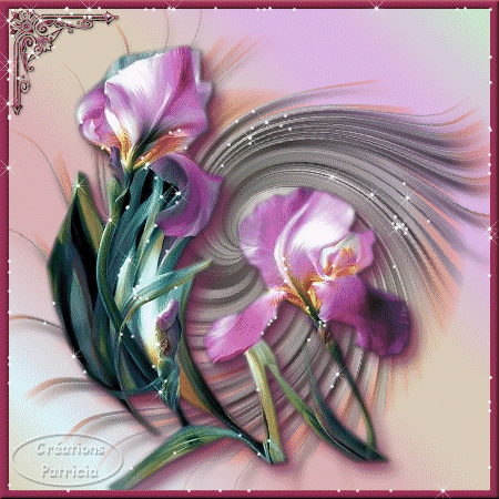 Открытка сказочного денёчка с фиолетовыми ирисами и бабочкой.