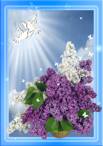 Открытка Доброе утро gif-анимация с бабочками и птицей сидящими на кусту сире...