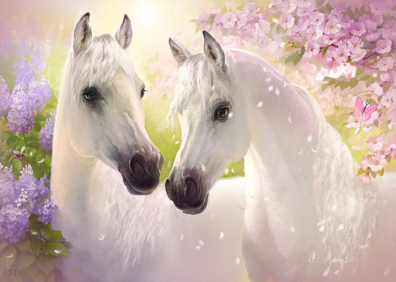 Открытки Нарисованный конь открытка открытка на фоне цветущего  дерево Белая лошадь. Открытка счастья удачи и любви, Волшебная встреча Нового года, С лошадью. Красивая блестящая открытка с лошади. Мерцающая открытка с двумя конями. Открытка я принесу тебе удачу с лошадью.