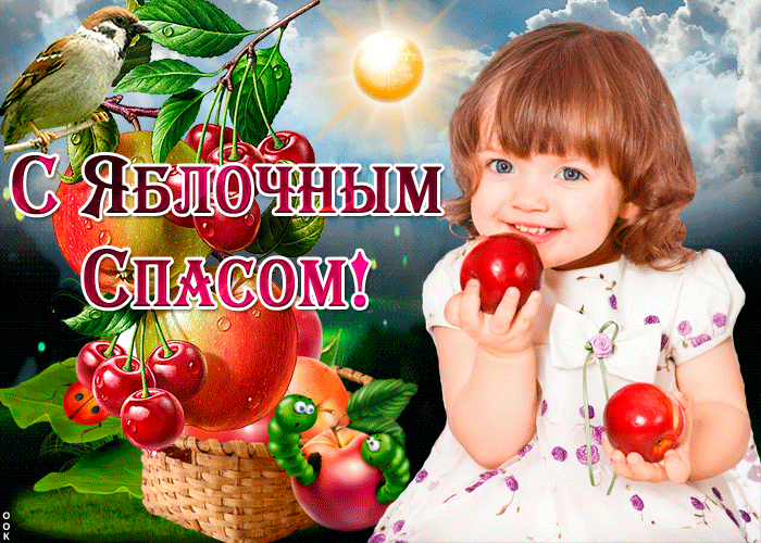 Открытка с машиной из мультфильма Маша и Медведь и корзинами яблок.
