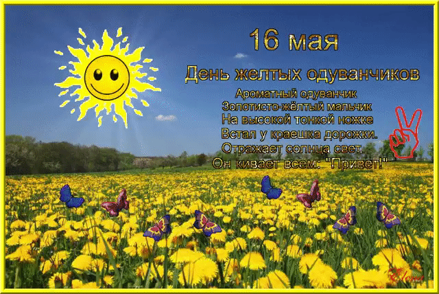 Открытка с анимацией желтые белые одуванчики у реки. Открытка с анимацией кот...