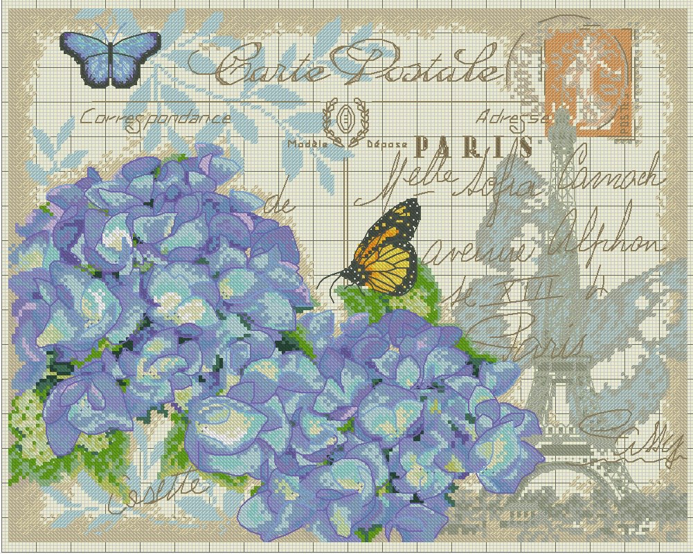 Открытка с нарисованными гортензиями. Открытка от всего сердца с гортензией.