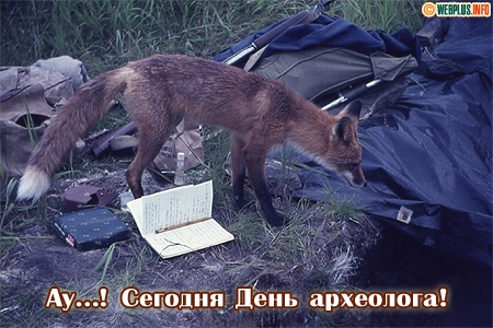 Открытка со скелетом динозавра и букетом красных роз на день археолога.