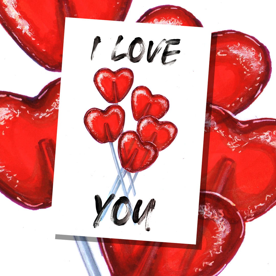  Открытка с розовым пушистым сердцем и надписью I love you. неоновая надпись ...