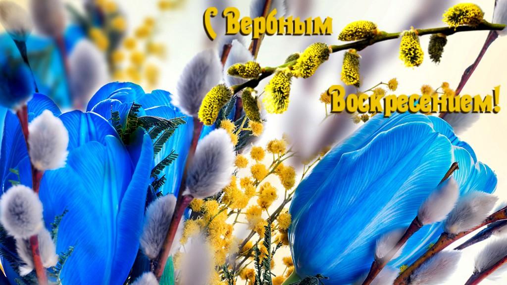 Открытка с вербой над водой переливающаяся анимированная на Вербное воскресенье.