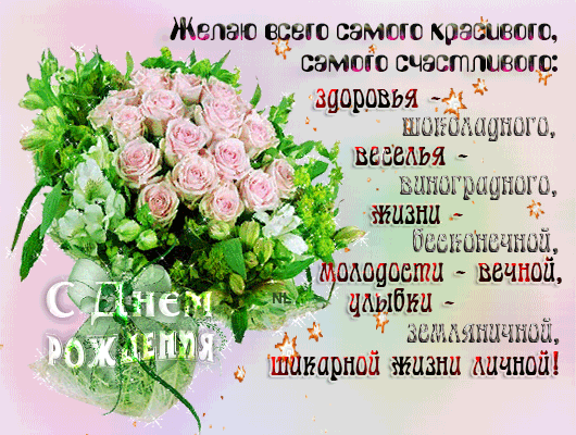 Открытка с подарками и букетом розовых роз на день рождения.