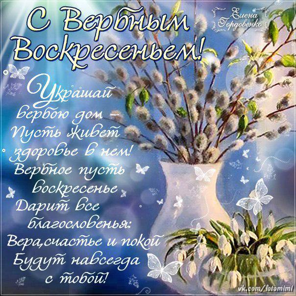 Открытка с вербой над водой переливающаяся анимированная на Вербное воскресенье.