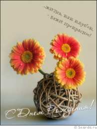 С герберами Нежная открытка с днём рождения со светло розовыми герберами.