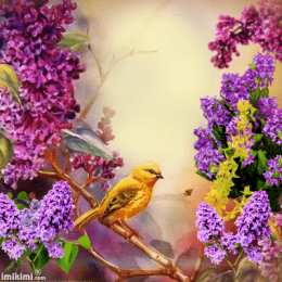 С сиренью Открытка с днём рождения, с букетом фиолетовой сирени в корзине.