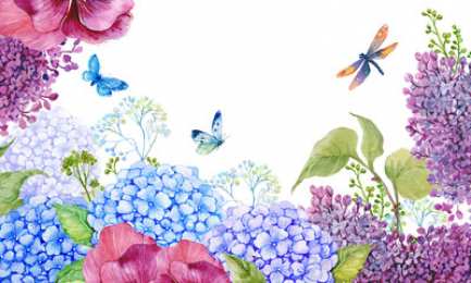 С гортензиями Открытка нарисованная с анимацией розовая и голубая гортензии.