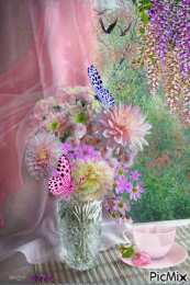 С космеями На цветке Сиреневой космеи. Открытка мерцающая цветки космеи.